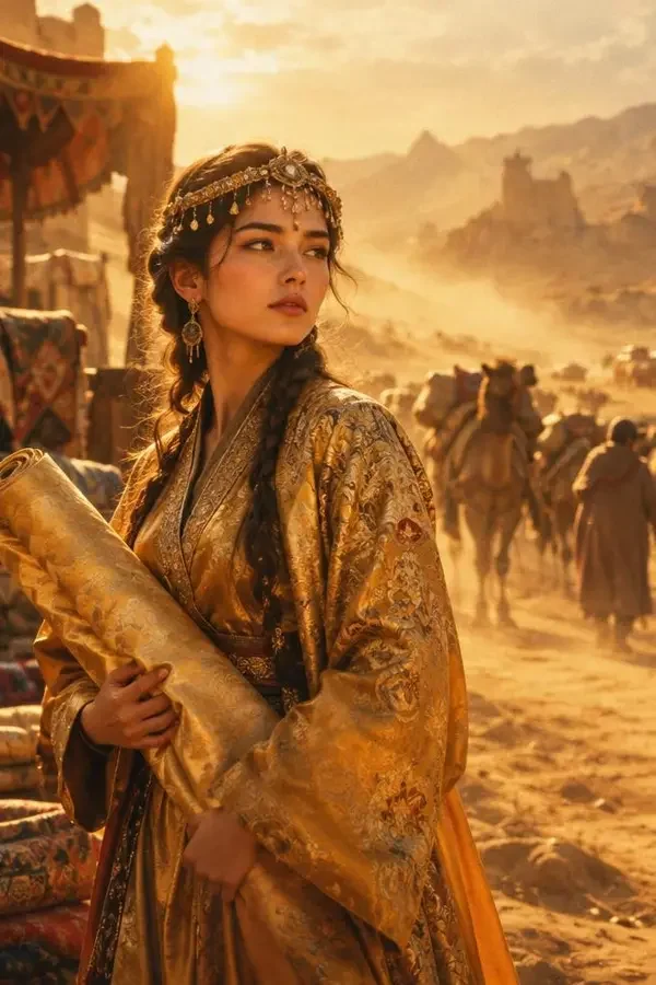 《重生之丝路女商》短剧竖版封面，穿越重生题材